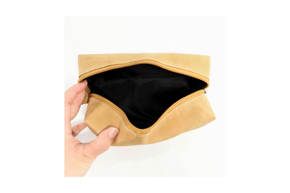 Personalised ROCKSIDE kraft paper cosmetic bags featuring washable eco-friendly materials and premium custom branding