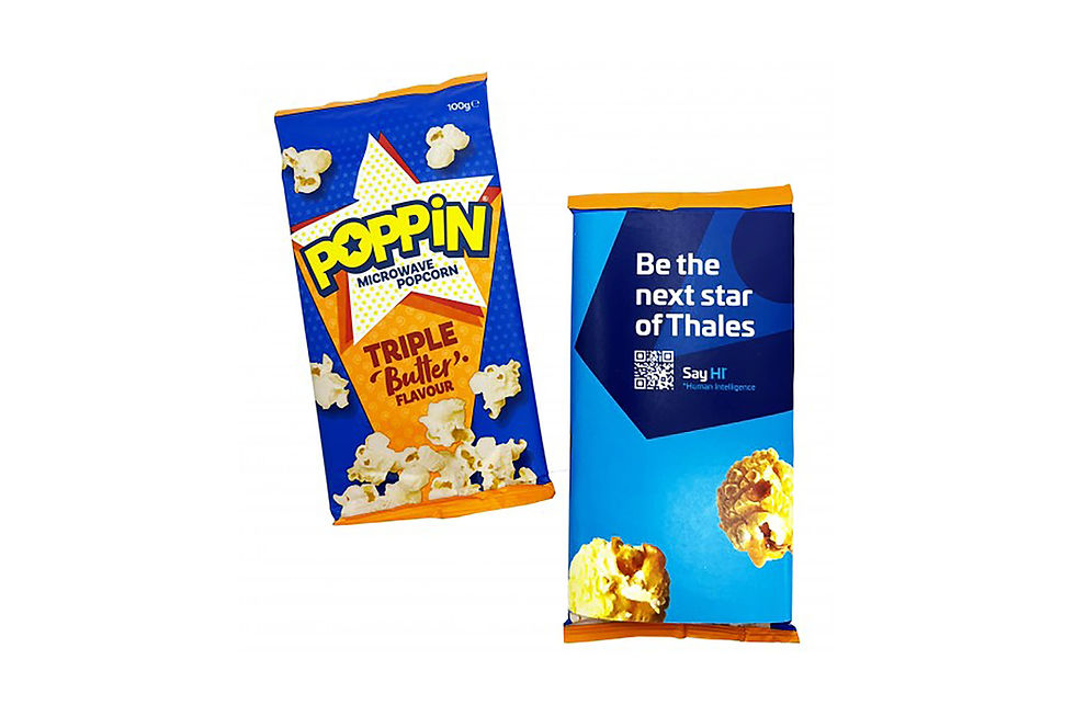 Branded microwave popcorn bags with printed sleeves, promotional snacks personalised with your logo for events and giveaways