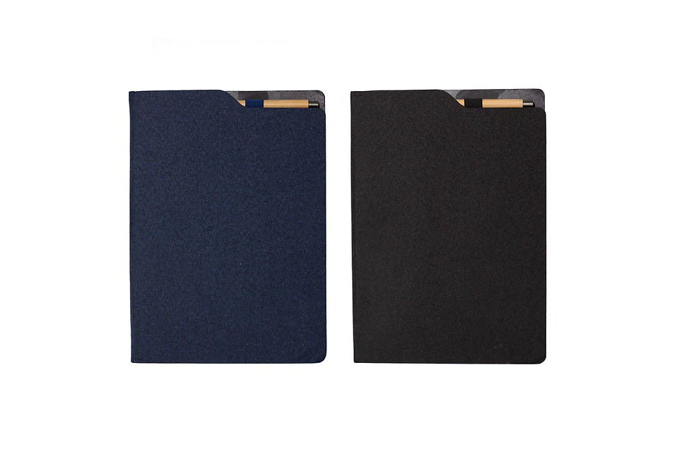 Branded A4 recycled paper rPET notebooks featuring a bamboo pen and custom logo branding for sustainable promotions