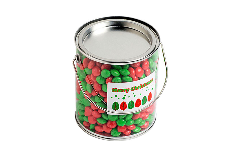 Branded large Christmas chewy fruit buckets for festive promotions and seasonal giveaways