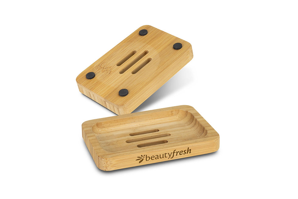 Branded bamboo soap holder, a stylish and environmentally friendly promotional item for wellness and spa businesses.