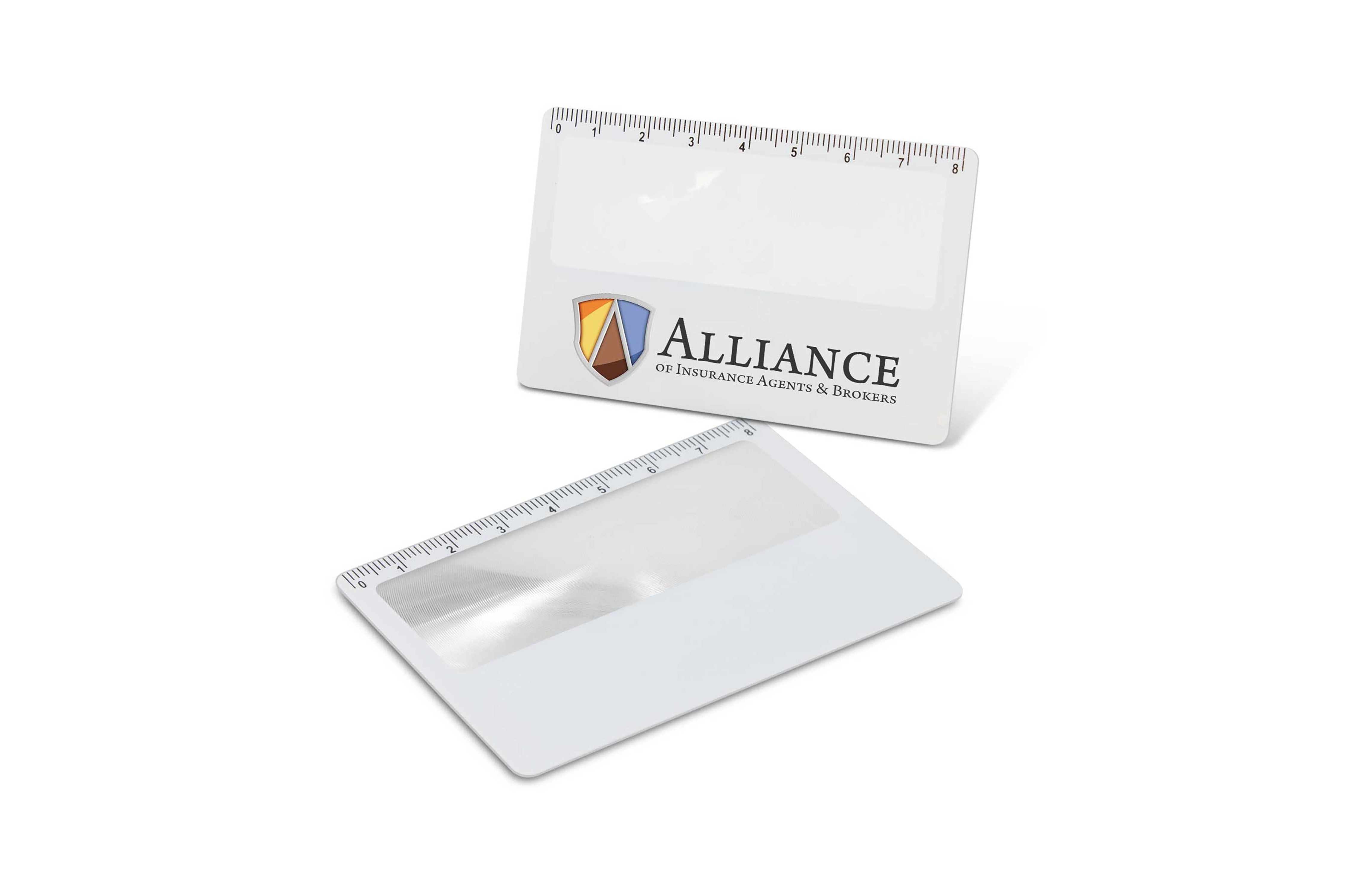 Custom-branded magnifier ruler cards, perfect for giveaways and practical promotional use.