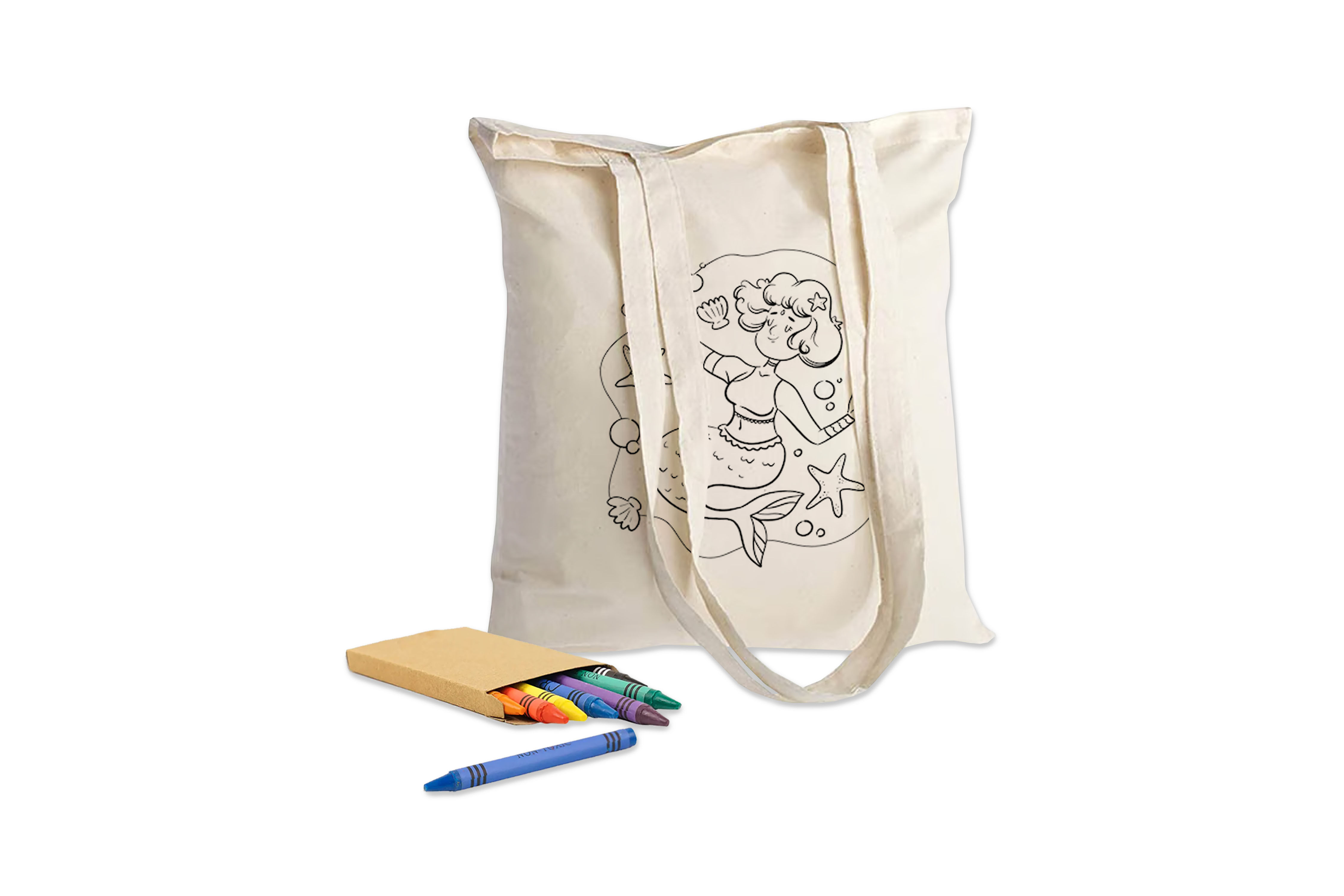 Colouring long handle unbleached calico tote bags customised with your logo for children's events and creative promotions