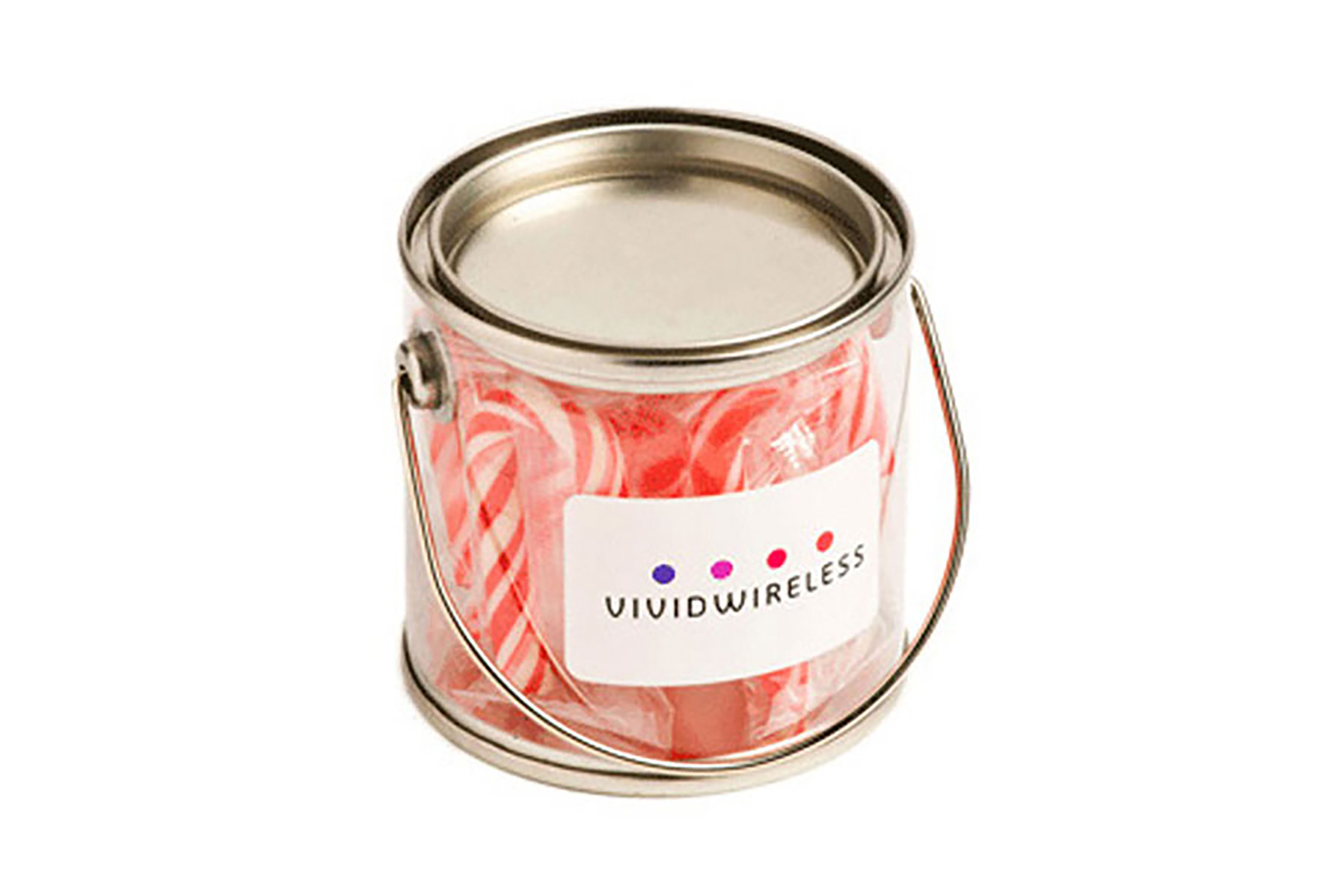 Custom branded small candy cane bucket filled with festive treats for Christmas promotions and client gifting
