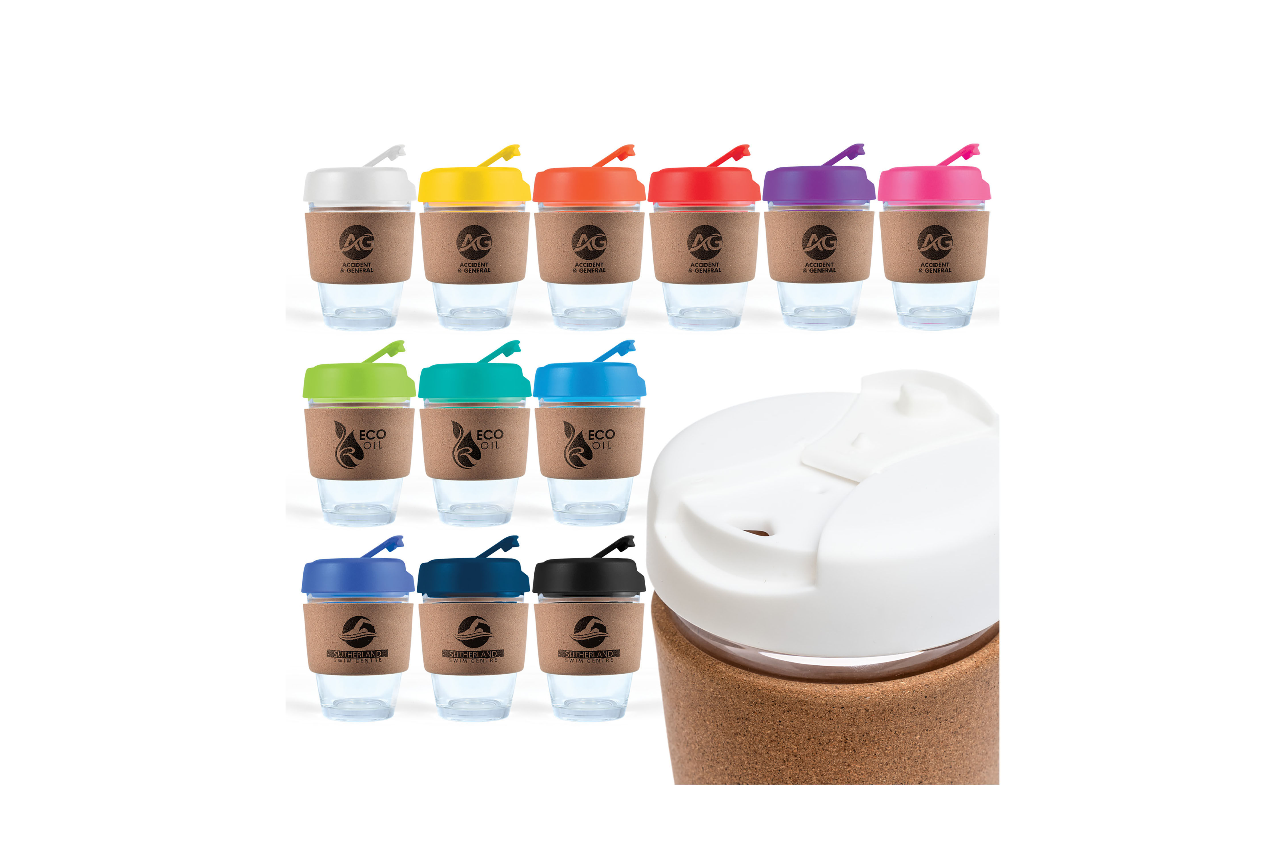 Custom branded glass cup with natural cork band, personalised with your company logo for stylish corporate merchandise