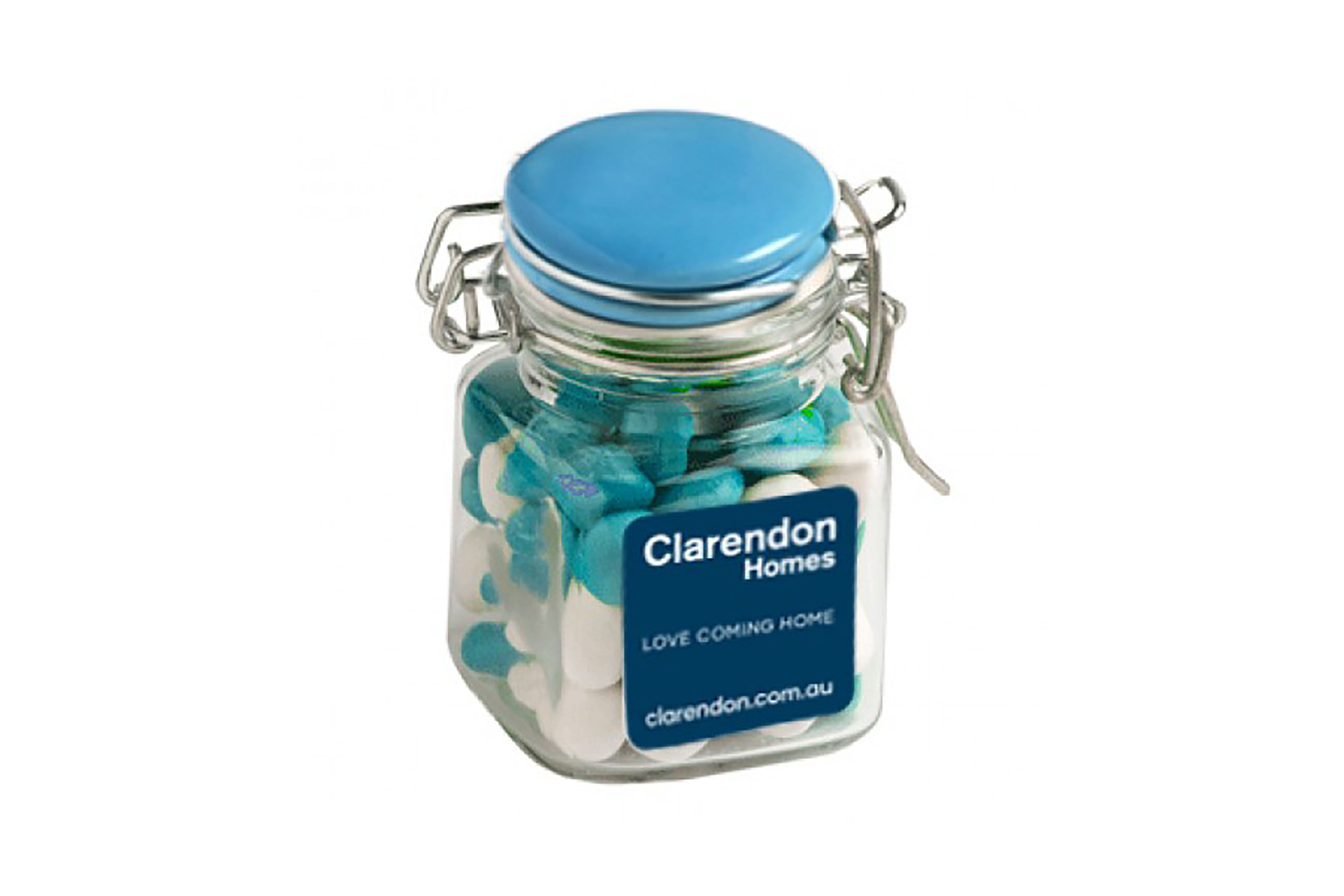 Custom branded small glass clip lock jars with chewy fruits, colourful promotional products for corporate gifts and giveaways