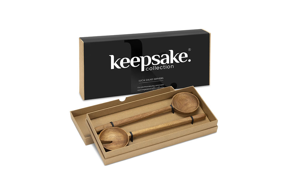Personalised KEEPSAKE Luca salad servers designed to bring branding to kitchens, entertaining and lifestyle promotions