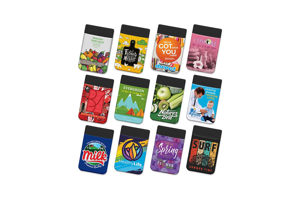 Full colour Lycra phone wallet featuring vibrant edge-to-edge branding and secure card storage.