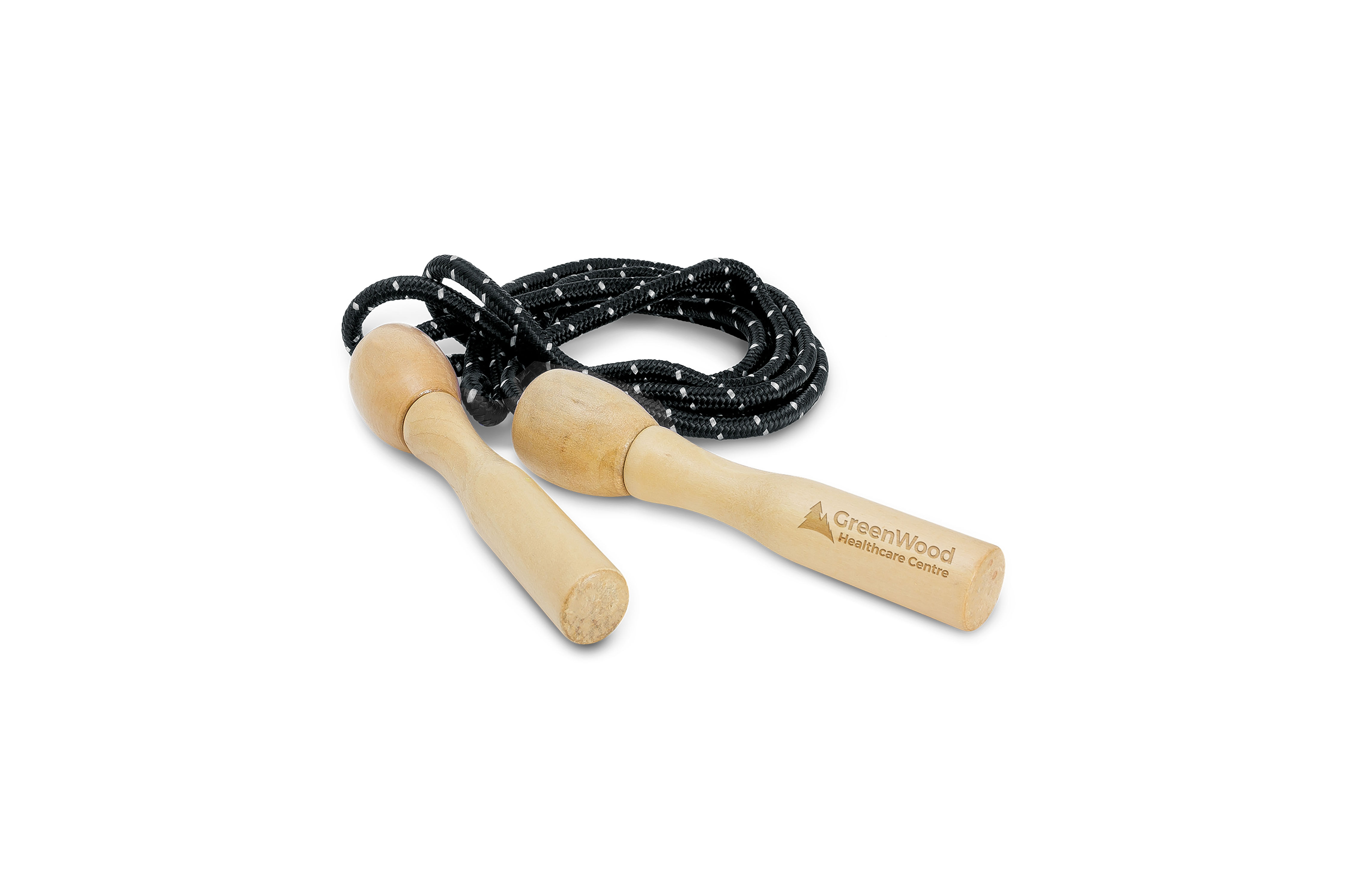 Custom-branded wooden skipping rope, ideal for fitness promotions and encouraging an active lifestyle with your logo.