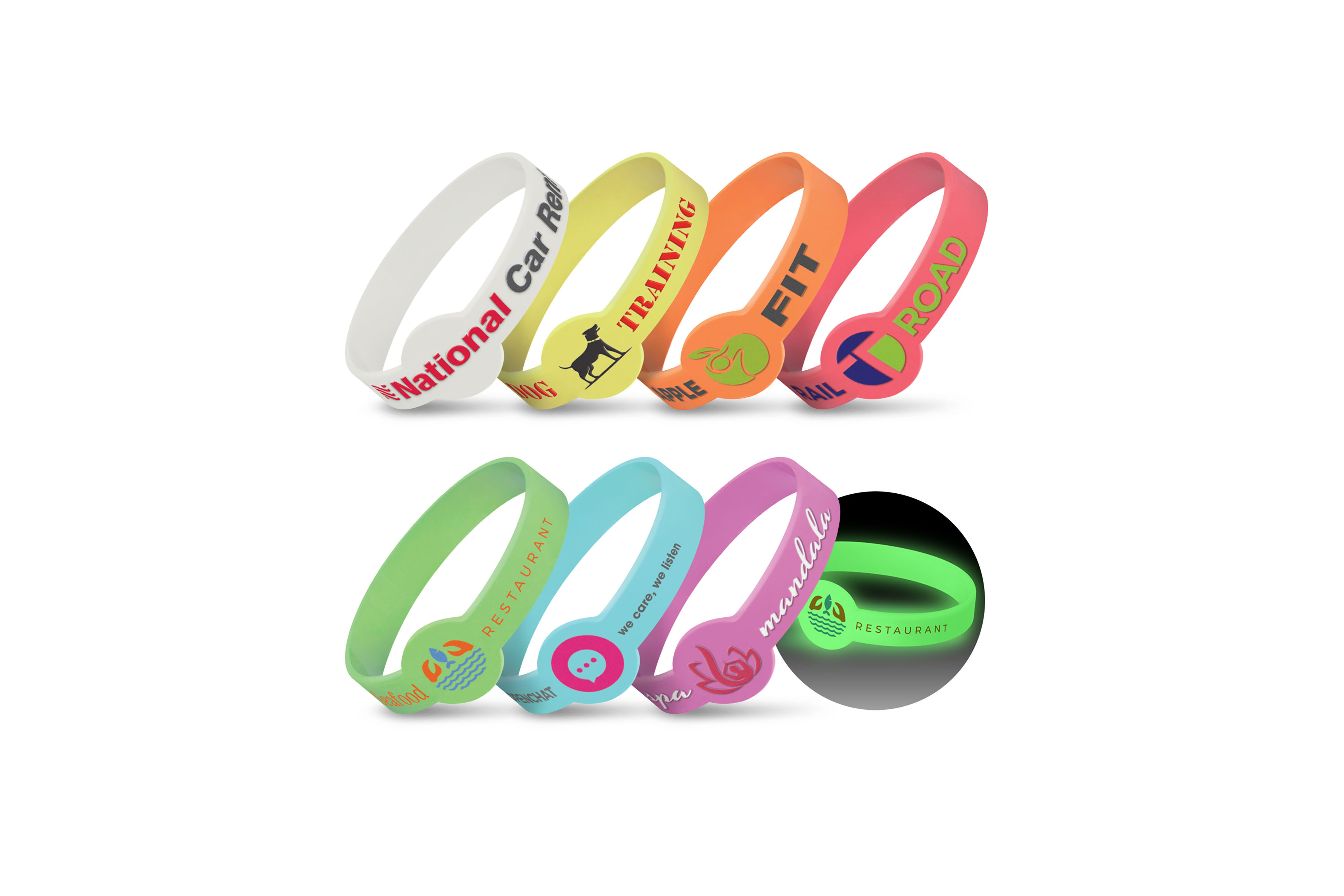 Glow in the dark silicone wristbands perfect for night-time promotions and events.