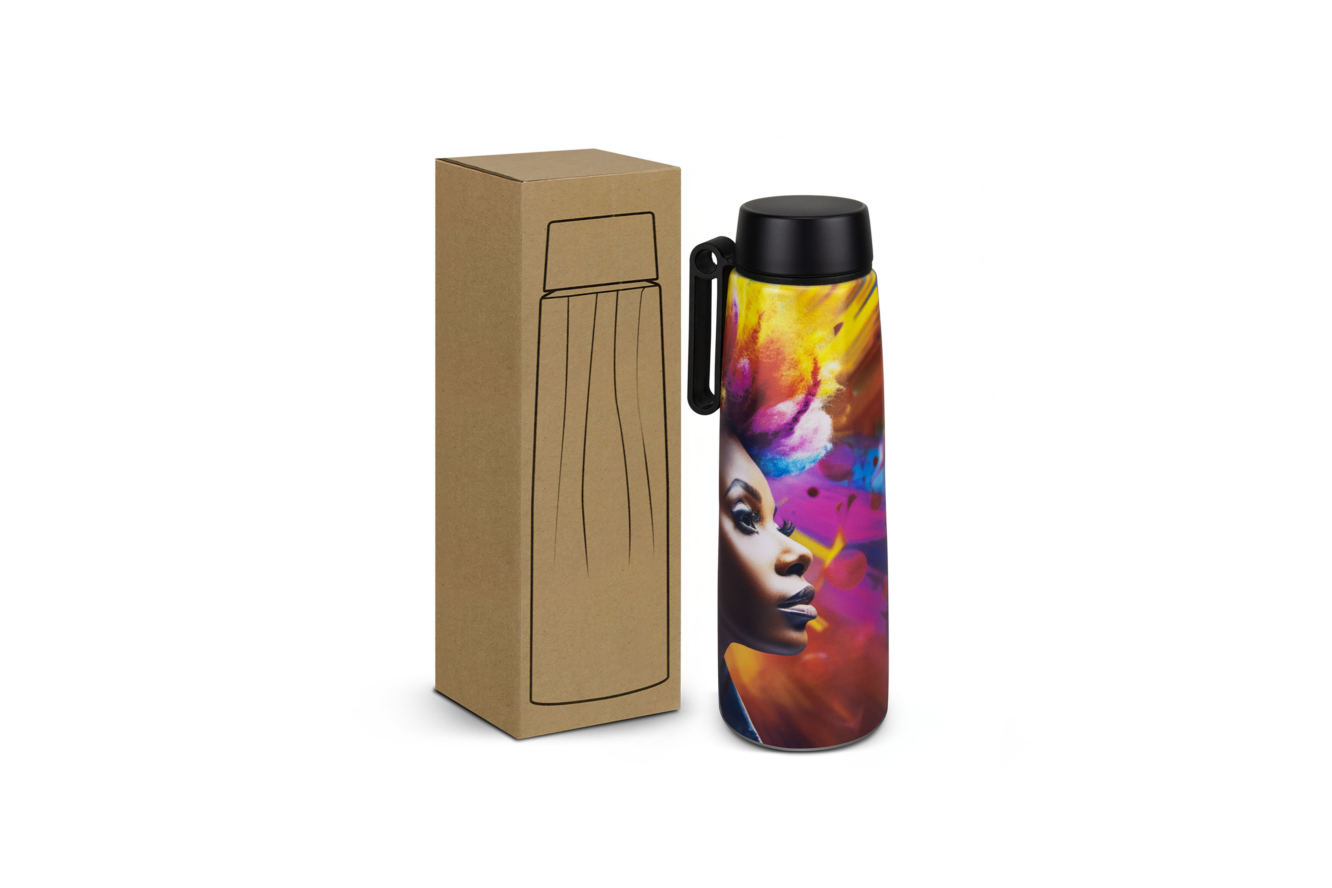 Full colour custom recycled metal bottles with vibrant logo printing, ideal for sustainable brand promotions.