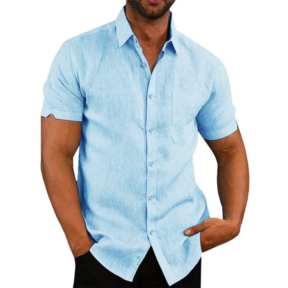 Cotton Linen Hot Sale Men's Short-Sleeved Shirts Summer Solid Color Turn-down co