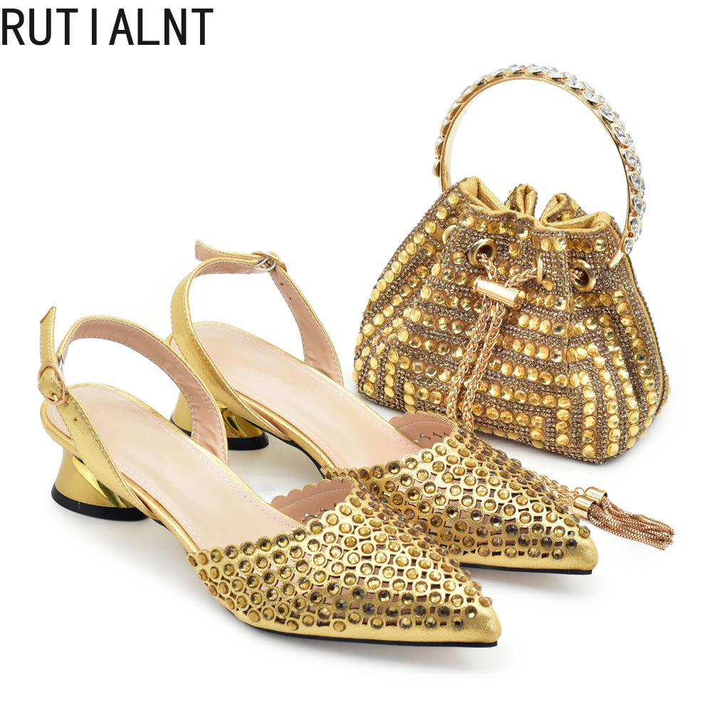 New Fashion Gold Color Shoes and Bags To Match Set Nigeria Party Women's Wedding