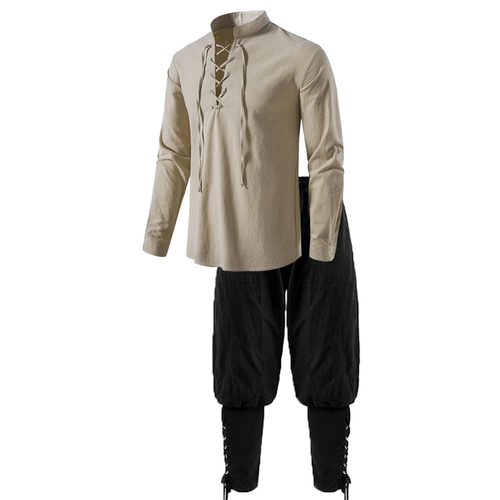 2Pcs Men's Medieval Knight Costume Set Renaissance Cosplay Pirate Shirts Ankle B