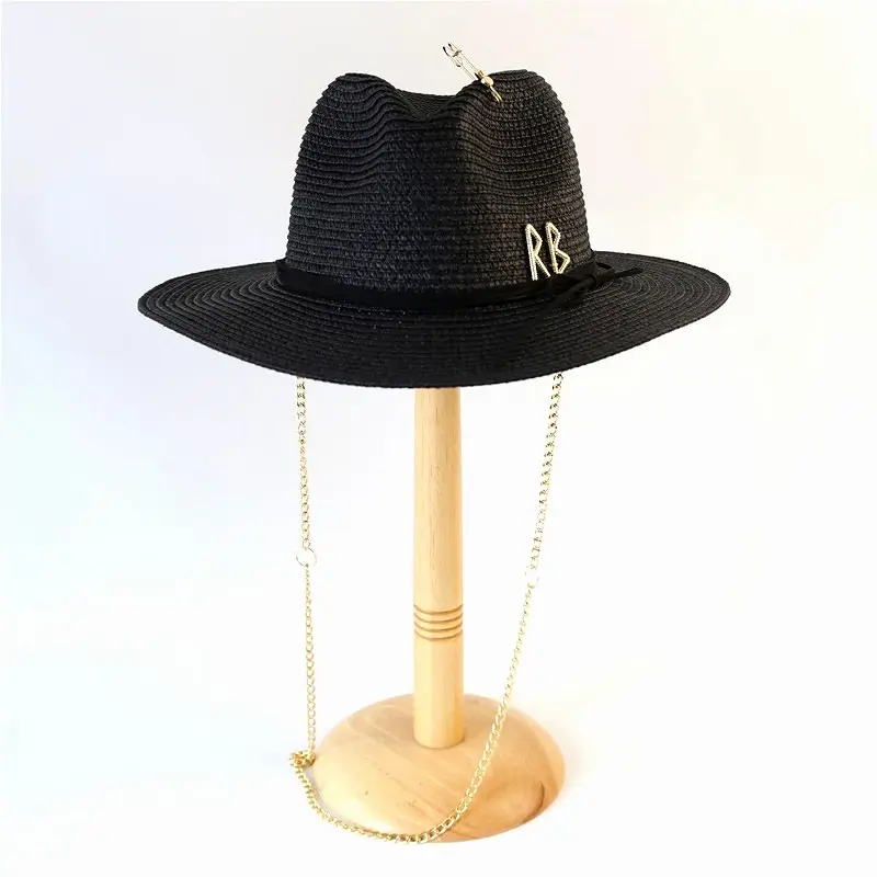 Fashionable Metal RB Letter Straw Hats for Women Men Summer Outdoor Holidays Bea