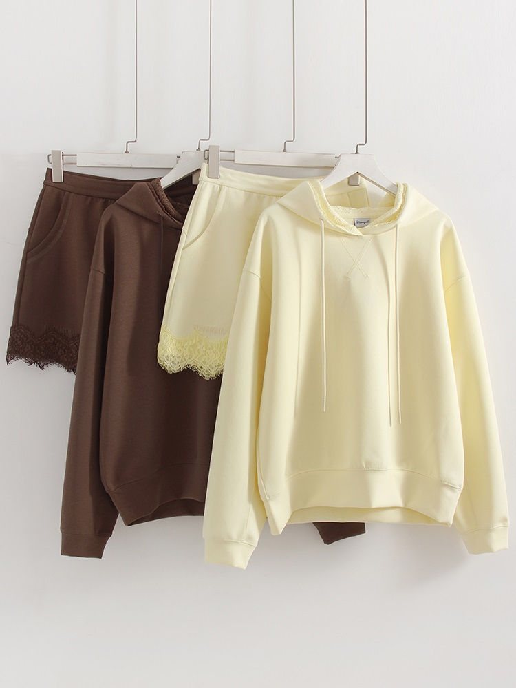 Thumbnail: Streamgirl Brown Hoodies With Lace Women Oversize Plain Spring Elegant Butter Ye