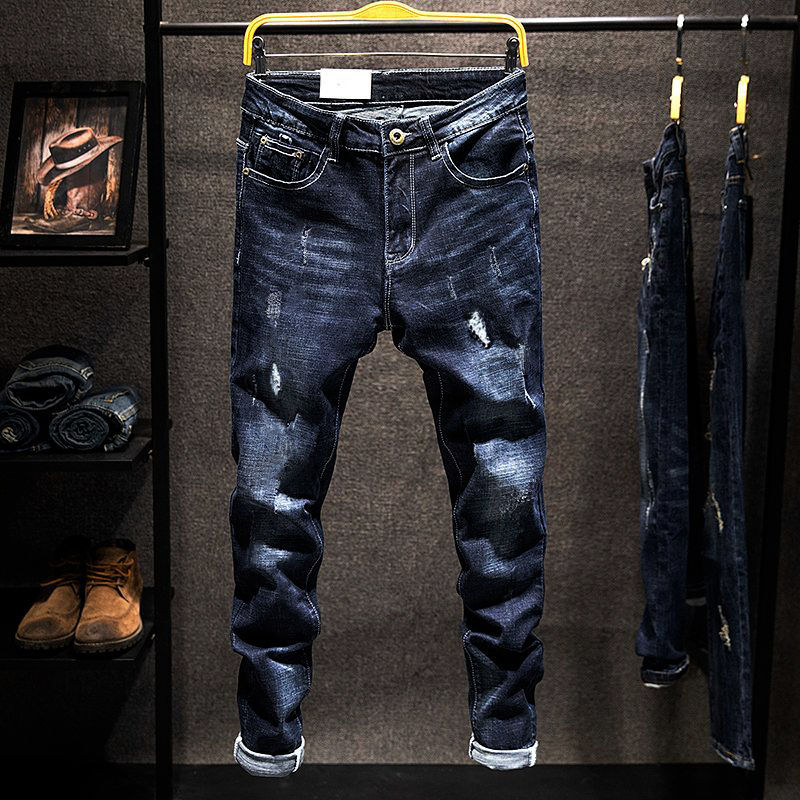 American Elastic Straight Jeans Men Ripped Worn-out Slim-fit Cotton Denim Pants
