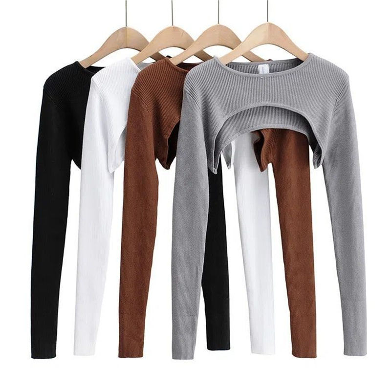 Sexy Elegant Super-Short Long Sleeve T-shirts Women's Cropped Top Ladies Solid V