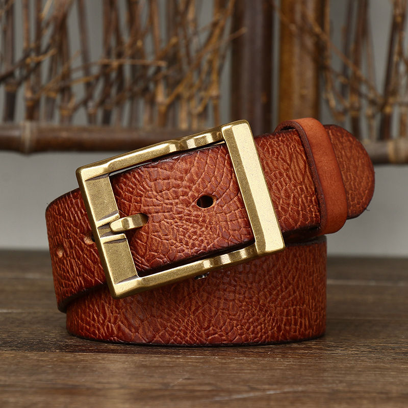 Thumbnail: 3.8 Wide Pure Cowhide Genuine Leather for Men's High Quality Jeans Brass Buckle 
