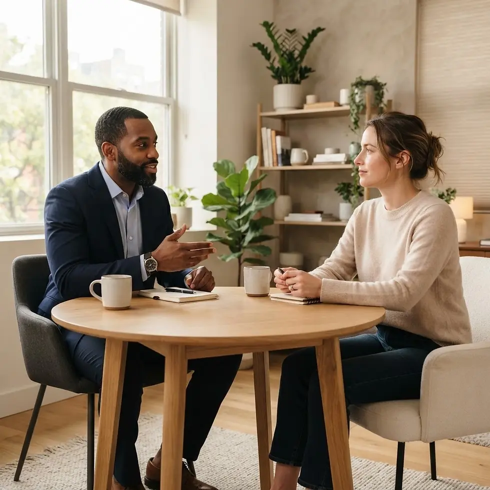 Studio photography of a man in a business suit and a woman discussing work at a round wooden table. The scene is bright and professional with a warm, collaborative atmosphere.