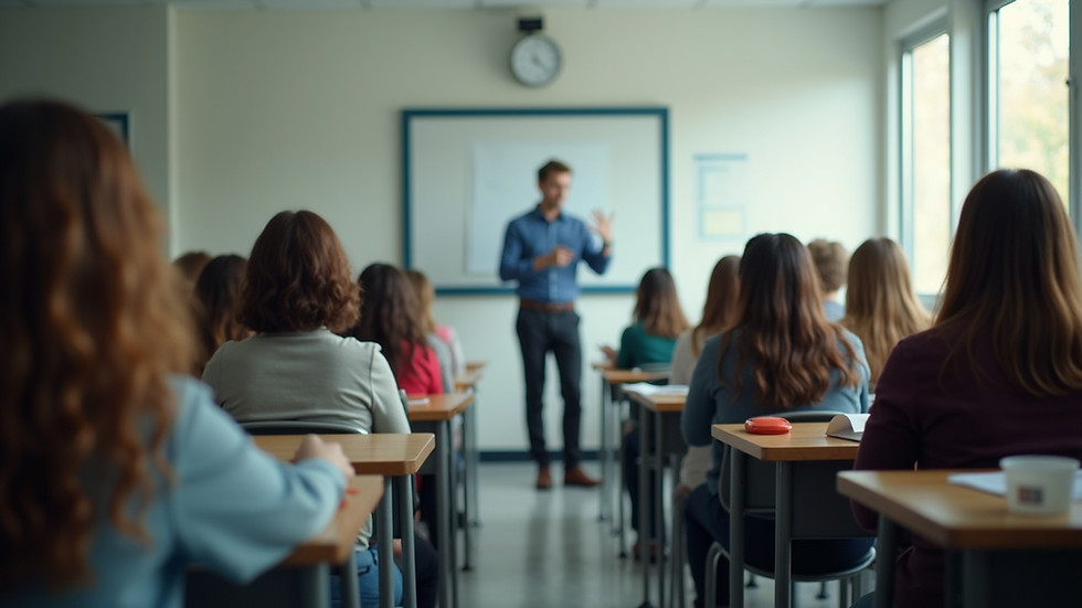 Eye-level view of a classroom with students following a teacher’s instructions