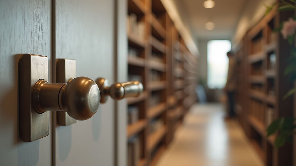 Close-up view of door hardware fittings displayed in showroom
