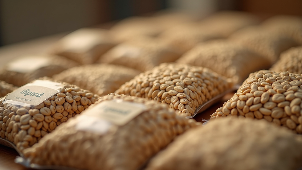 Close-up view of packaged Siya seeds ready for shipment