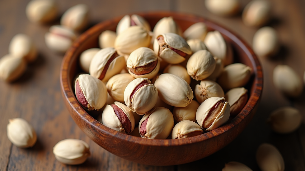 High angle view of pistachios in a wooden bowl