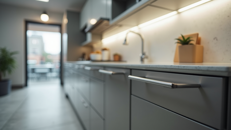 Eye-level view of stainless steel kitchen cabinet with soft-close hinges