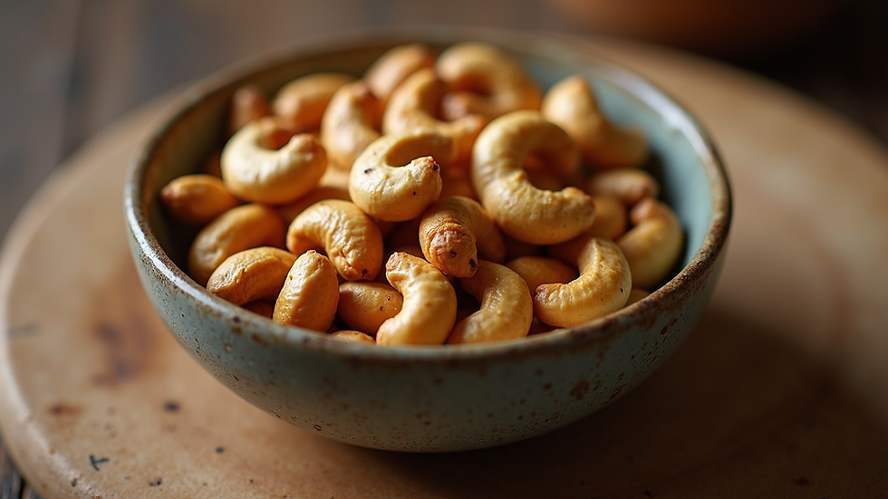 Eye-level view of roasted cashew nuts in a ceramic bowl