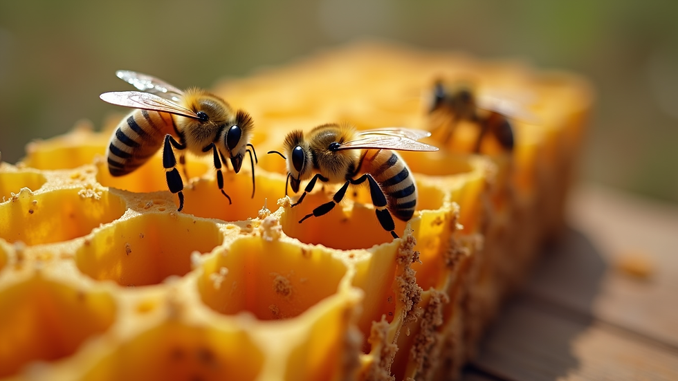 Eye-level view of a honeycomb with bees actively working