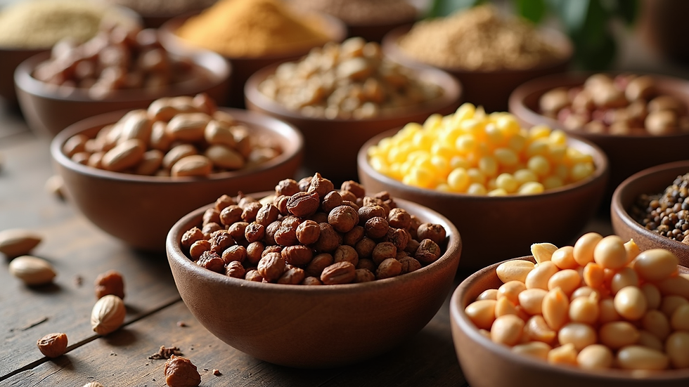 High angle view of assorted dry fruits and nuts in bowls