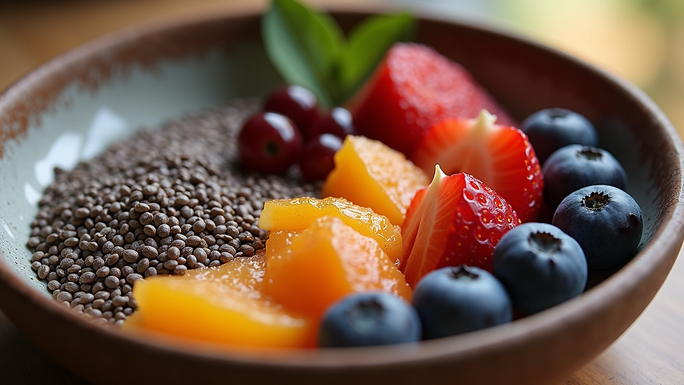 Eye-level view of a bowl filled with chia seeds and fresh fruits