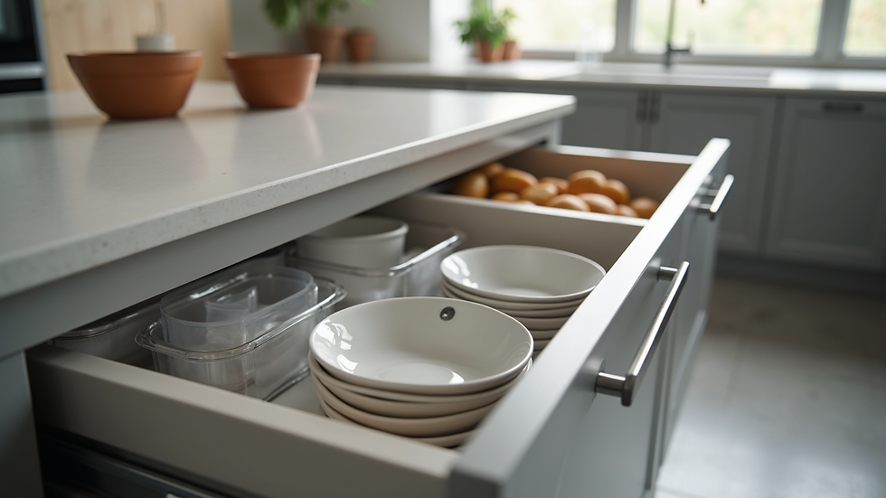 High angle view of modular kitchen drawers with organizers