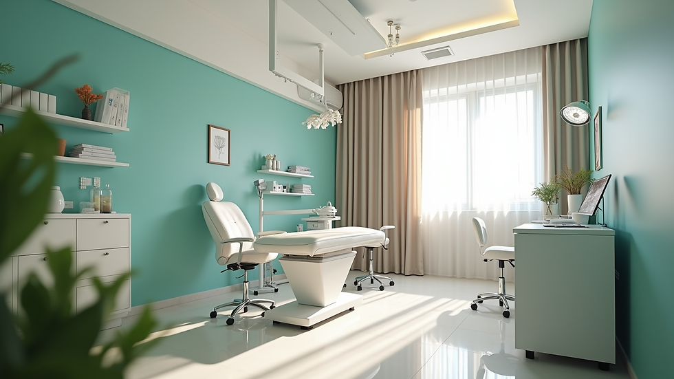 Eye-level view of a modern aesthetic clinic treatment room in Chennai