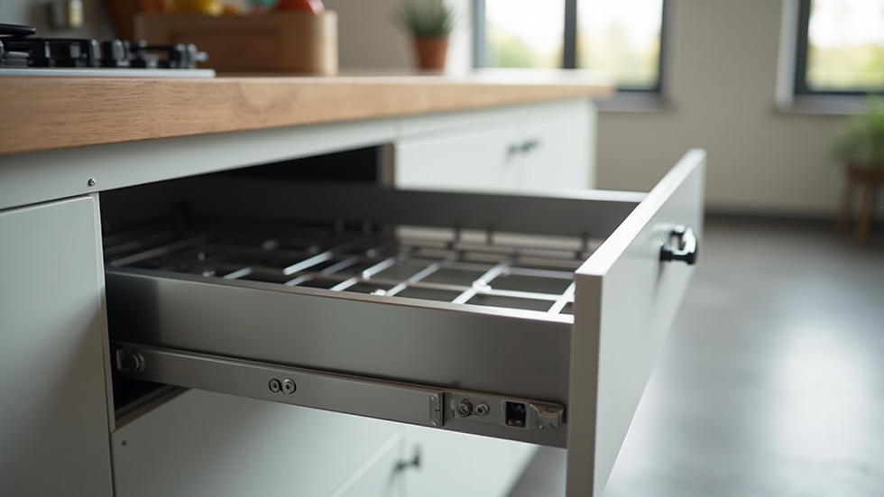 Close-up view of a stainless steel pull-out basket in a modular kitchen