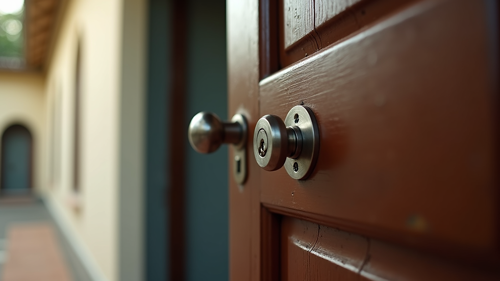 Eye-level view of stainless steel door lock installed on a door in Madurai