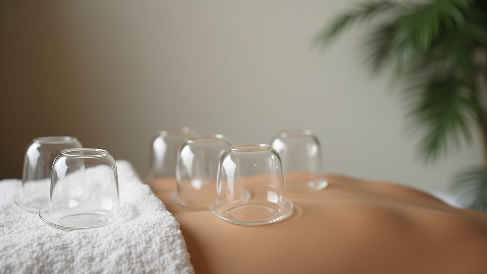 Eye-level view of a cupping therapy session setup with glass cups arranged neatly