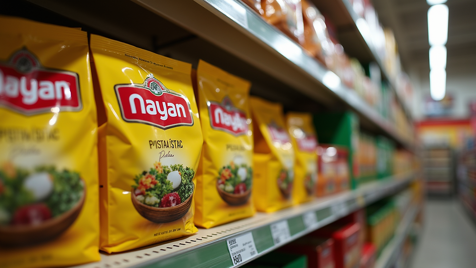 Eye-level view of packaged Nayan Pista bags on a store shelf
