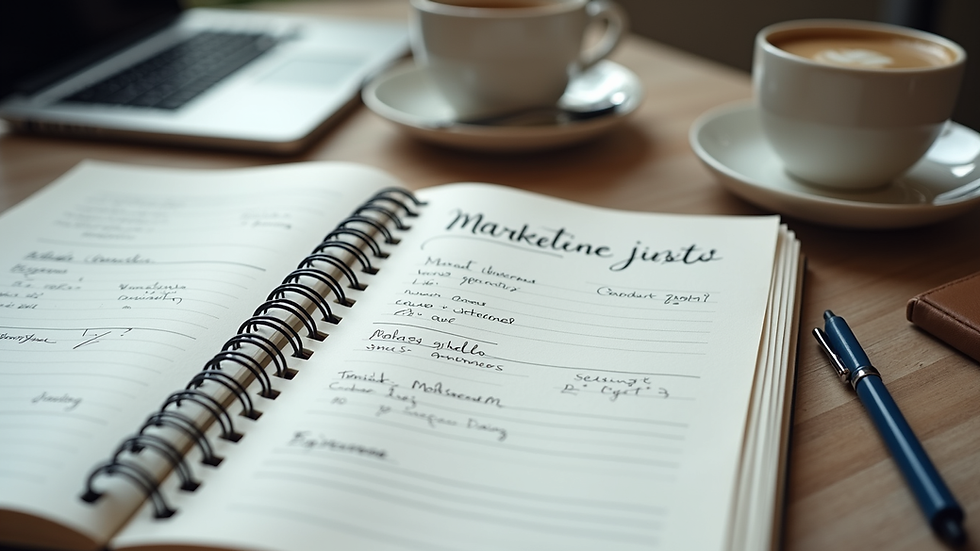 High angle view of a workspace with a notebook, coffee cup, and digital marketing plan