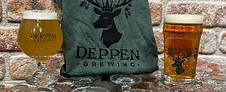 Two pints of beer framing a green t-shirt with Deppen Brewing logo on it.