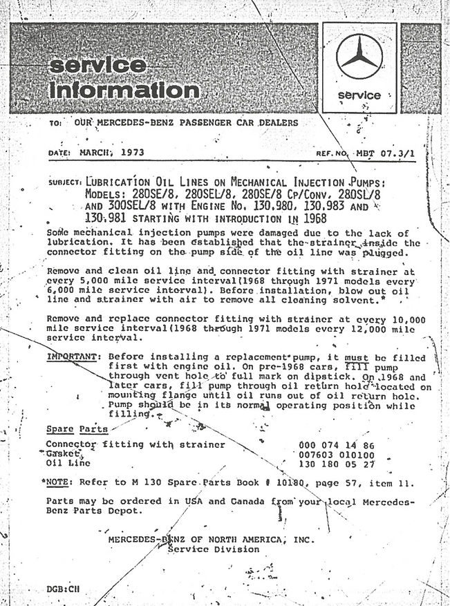 Archival document: Bosch fuel injection pump lubrication service update