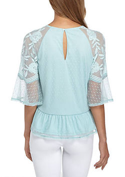 EMBROIDERED TULLE SLEEVE KNIT TOP
