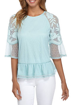 EMBROIDERED TULLE SLEEVE KNIT TOP
