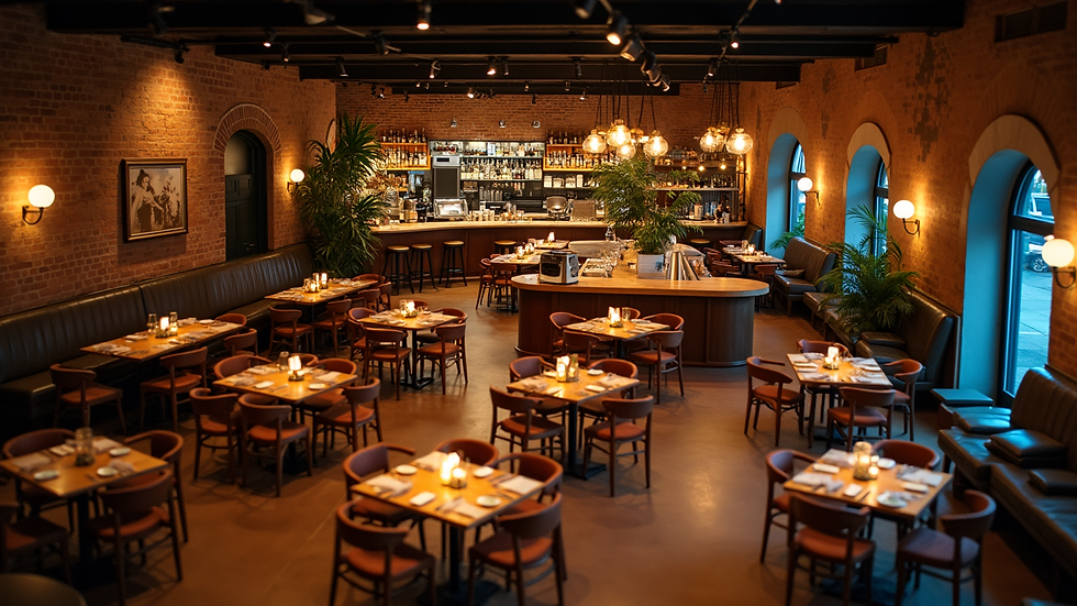 High angle view of a hospitality venue with organized seating and ambient lighting