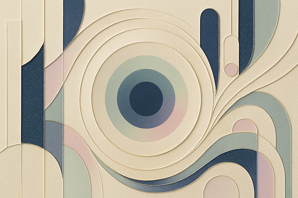 Abstract art with layered concentric circles and curves in beige, blue, green, and pink. Textured pattern creates a calm, balanced feel.