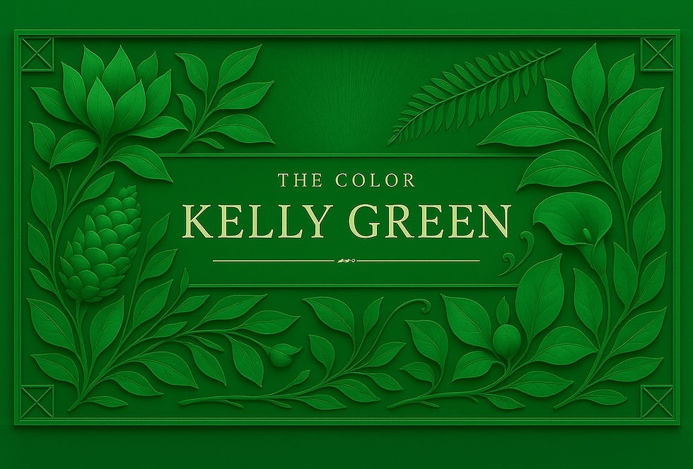 Green botanical design with embossed leaves surrounds the text "The Color Kelly Green" in elegant lettering, creating a vibrant, natural feel.