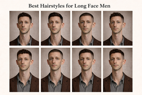 Collage of a man with different hairstyles, set against a neutral background. Text reads Best Hairstyles for Long Face Men.