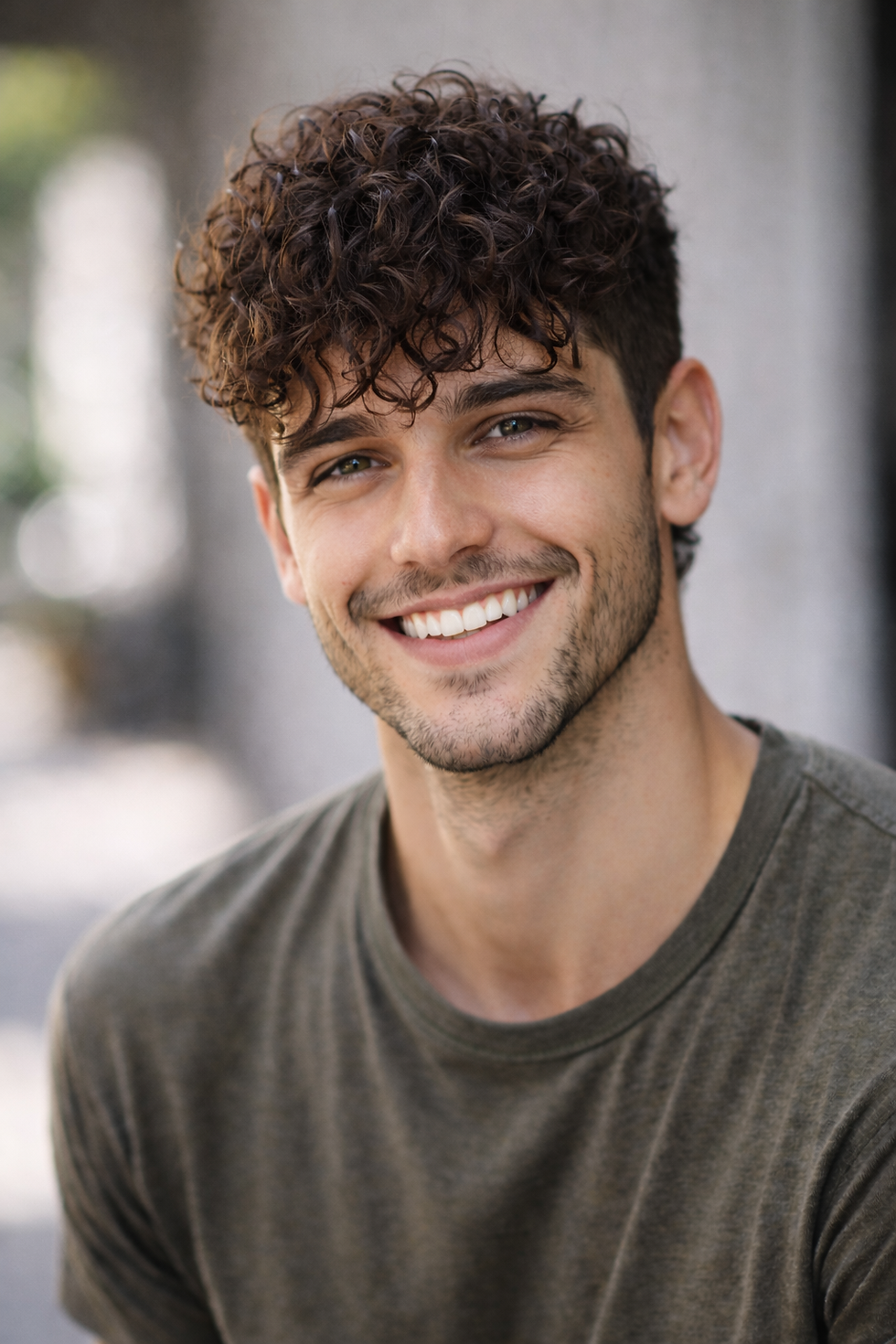 Smiling man with curly hair wearing a gray shirt. Blurred outdoor background, suggesting a relaxed, happy mood.