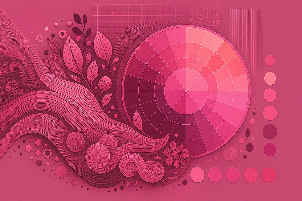 Vibrant pink abstract art with swirling lines, leaves, and a color wheel. Geometric patterns and circles create a dynamic, lively mood.